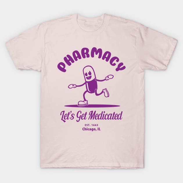 Let's Get Medicated Pharmacy Humor withe Vintage Cartoon Capsule T-Shirt by RxBlockhead